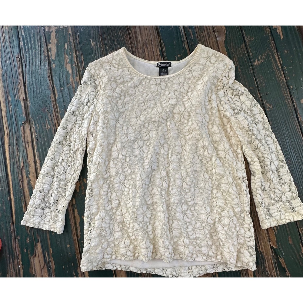 Y3k Rafaella Womens Floral Lace Blouse Cream Ivory 3/4 Sleeve Lined Top Large